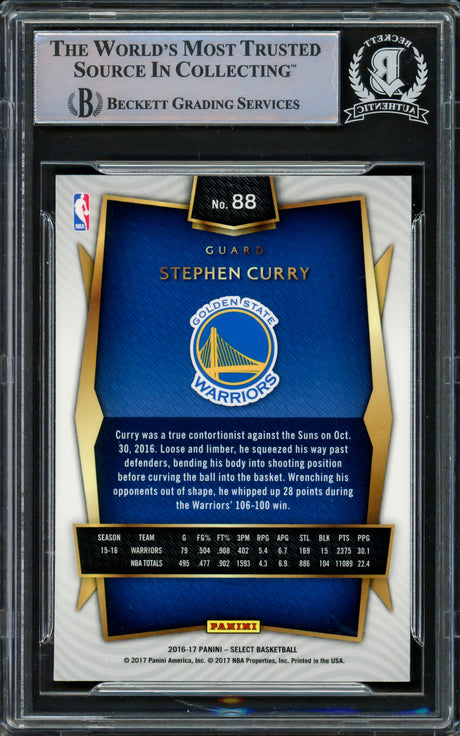 Stephen Curry Autographed 2016-17 Panini Select Card #88 Golden State Warriors Beckett BAS Stock #216842