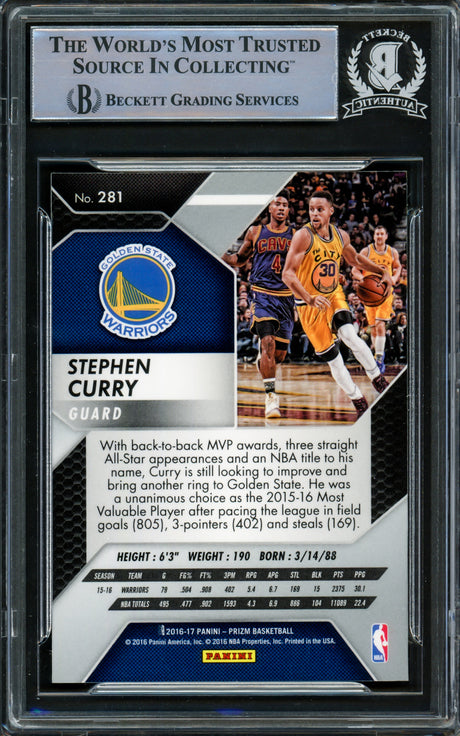 Stephen Curry Autographed 2016-17 Panini Prizm Card #281 Golden State Warriors Beckett BAS Stock #216843