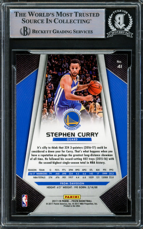 Stephen Curry Autographed 2017-18 Panini Prizm Card #41 Golden State Warriors Beckett BAS Stock #216844