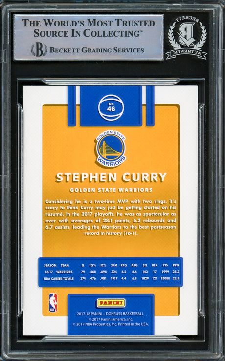 Stephen Curry Autographed 2017-18 Donruss Card #46 Golden State Warriors Beckett BAS Stock #216845