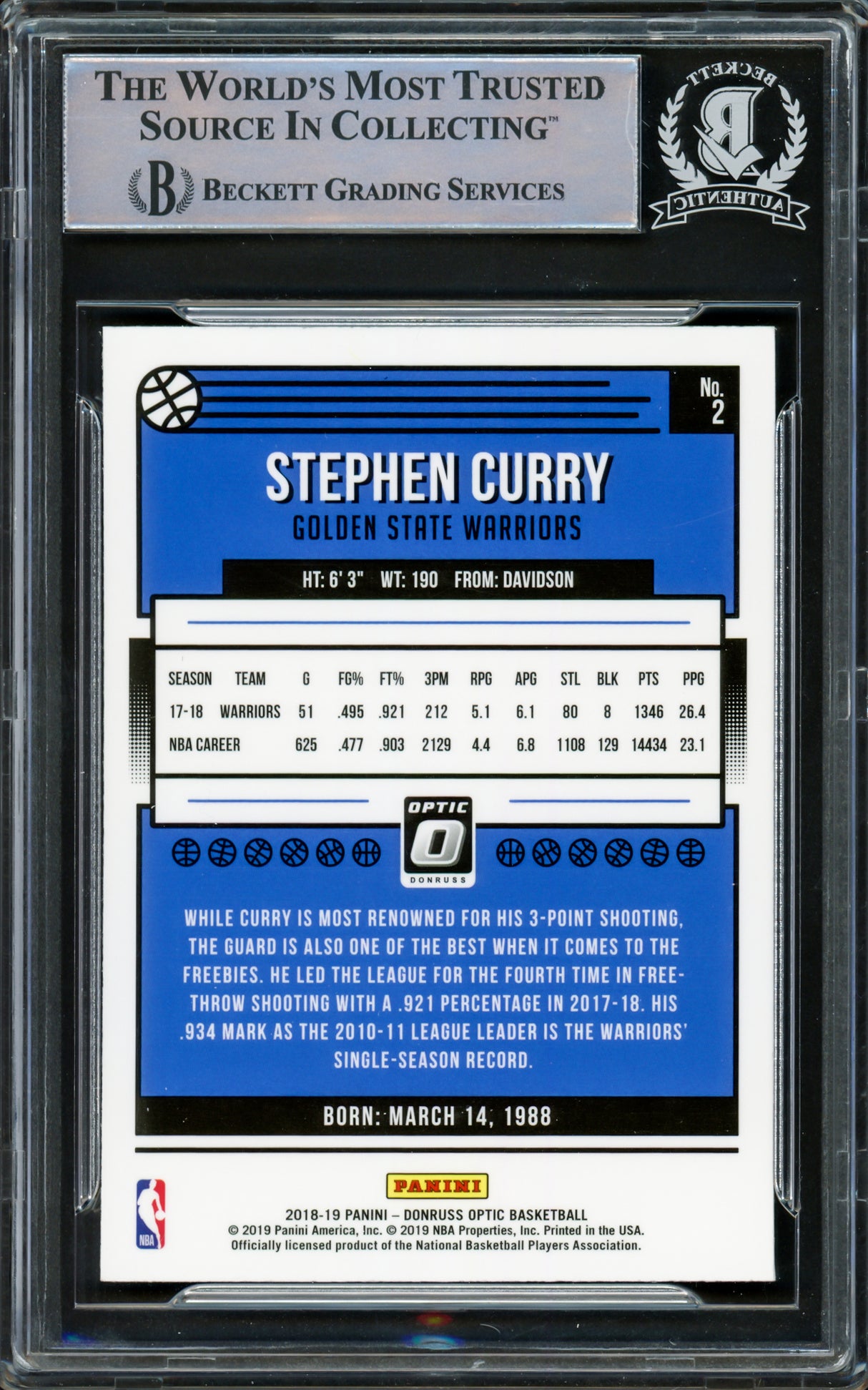 Stephen Curry Autographed 2018-19 Donruss Optic Card #2 Golden State Warriors Beckett BAS Stock #216846