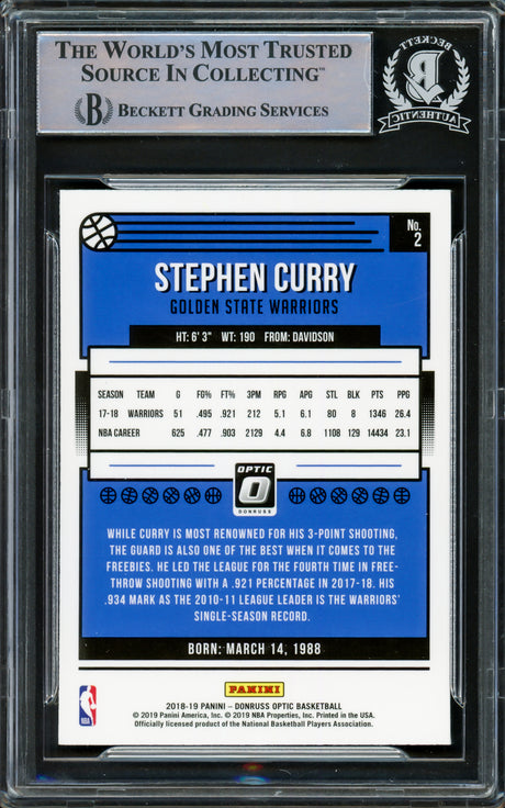 Stephen Curry Autographed 2018-19 Donruss Optic Card #2 Golden State Warriors Beckett BAS Stock #216846