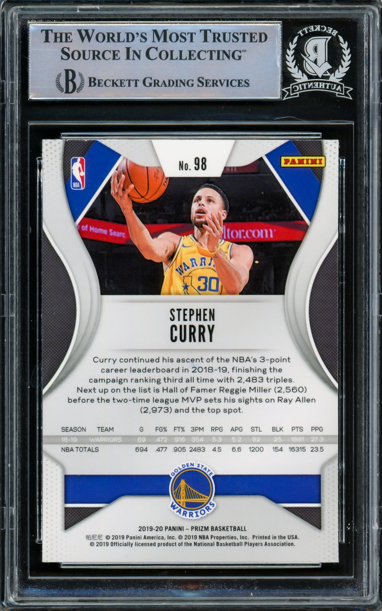Stephen Curry Autographed 2019-20 Panini Prizm Card #98 Golden State Warriors Beckett BAS Stock #216847