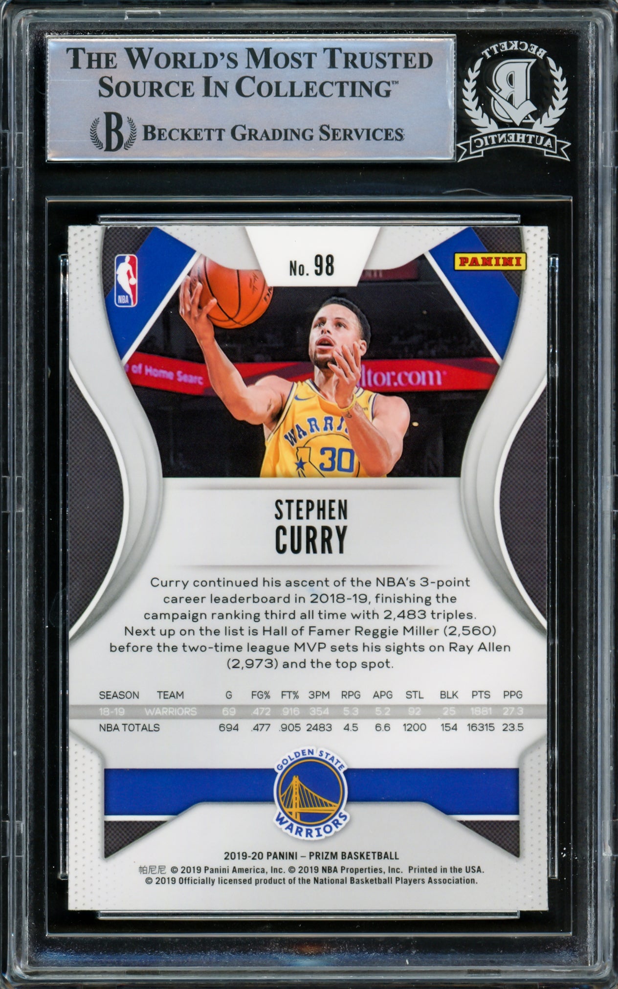 Stephen Curry Autographed 2019-20 Panini Prizm Card #98 Golden State Warriors Beckett BAS Stock #216847