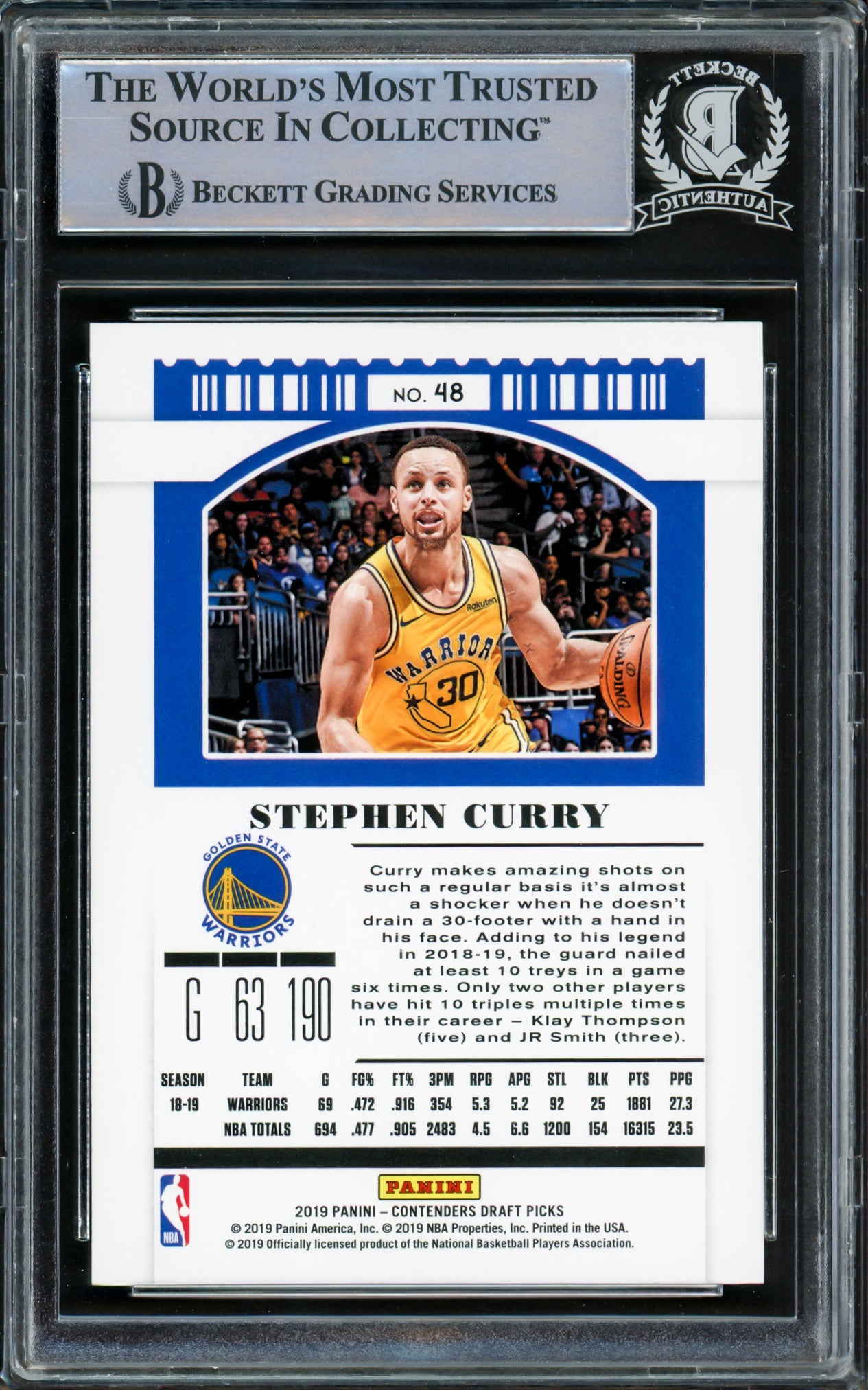 Stephen Curry Autographed 2019-20 Panini Contenders Draft Picks Card #48 Golden State Warriors Yellow Beckett BAS Stock #216849