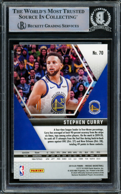 Stephen Curry Autographed 2019-20 Panini Mosaic Card #70 Golden State Warriors Beckett BAS Stock #216851