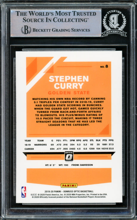 Stephen Curry Autographed 2019-20 Donruss Optic Card #8 Golden State Warriors Beckett BAS Stock #216852