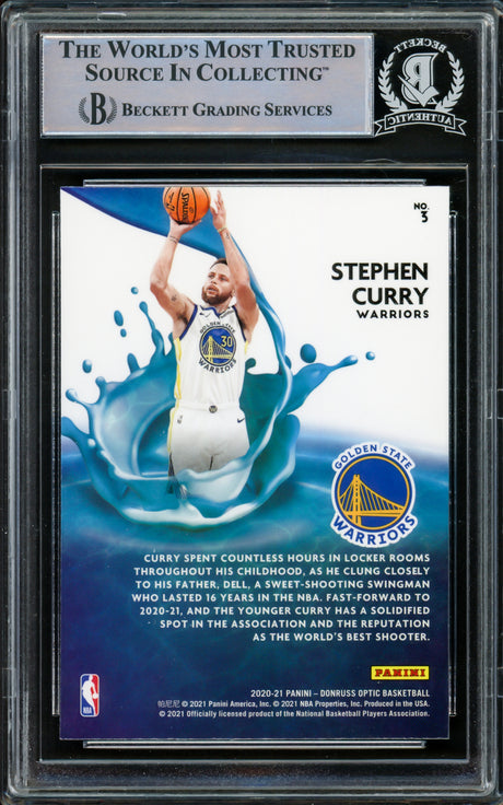 Stephen Curry Autographed 2020-21 Donruss Optic Splash Card #3 Golden State Warriors Beckett BAS Stock #216854