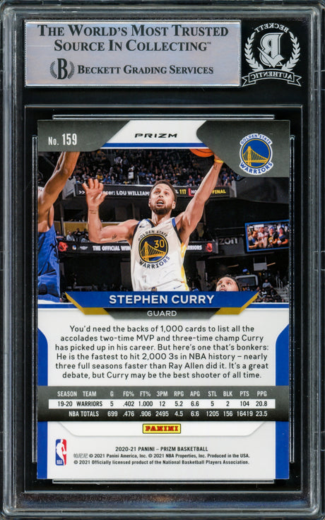 Stephen Curry Autographed 2020-21 Panini Prizm Green Prizms Card #159 Golden State Warriors Beckett BAS Stock #216856