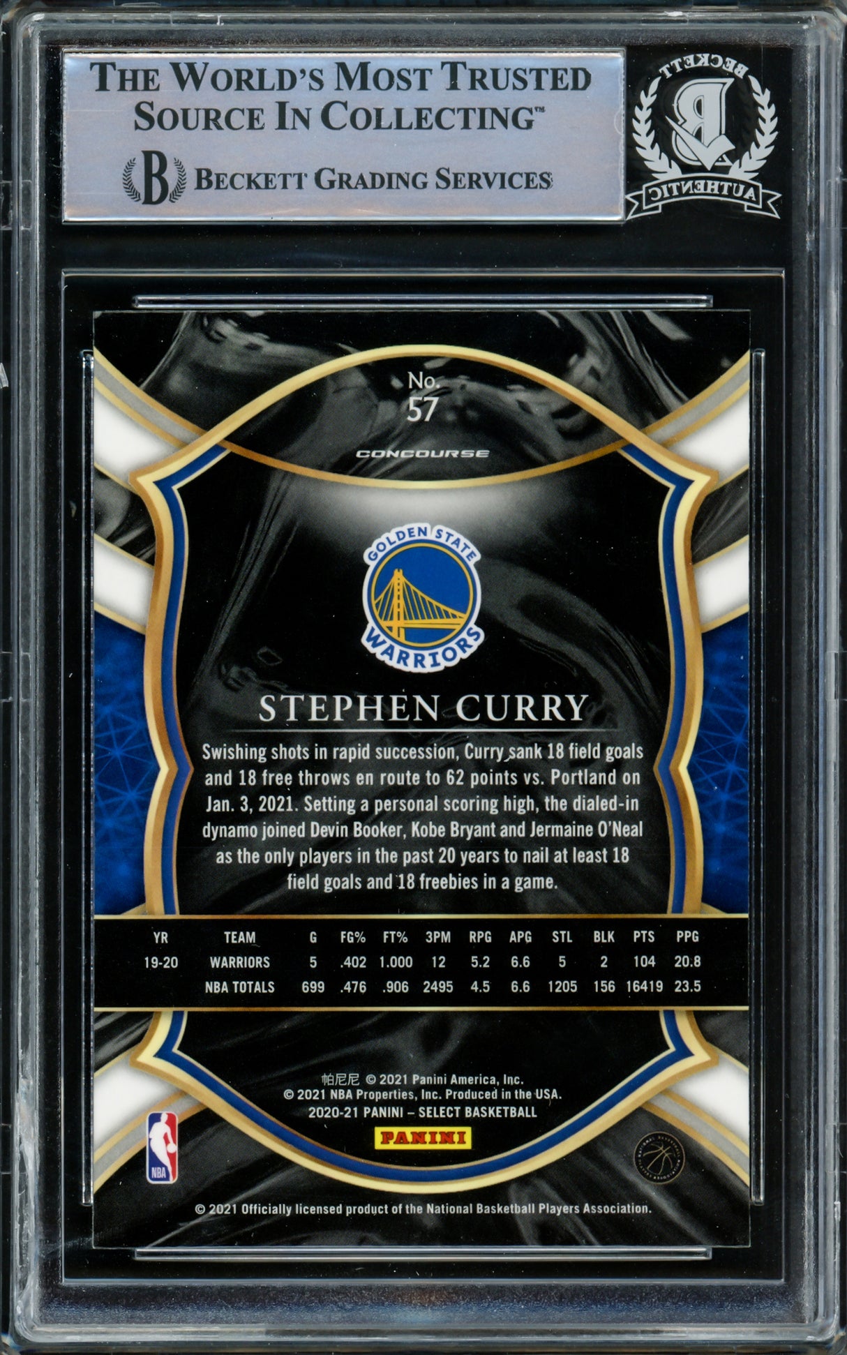 Stephen Curry Autographed 2020-21 Panini Select Blue Retail Card #57 Golden State Warriors Beckett BAS Stock #216859