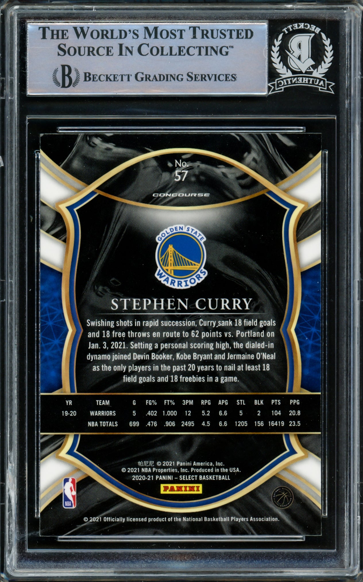 Stephen Curry Autographed 2020-21 Panini Select Blue Retail Card #57 Golden State Warriors Beckett BAS Stock #216859