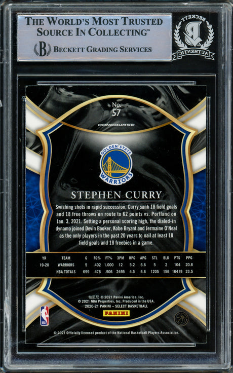 Stephen Curry Autographed 2020-21 Panini Select Blue Retail Card #57 Golden State Warriors Beckett BAS Stock #216859