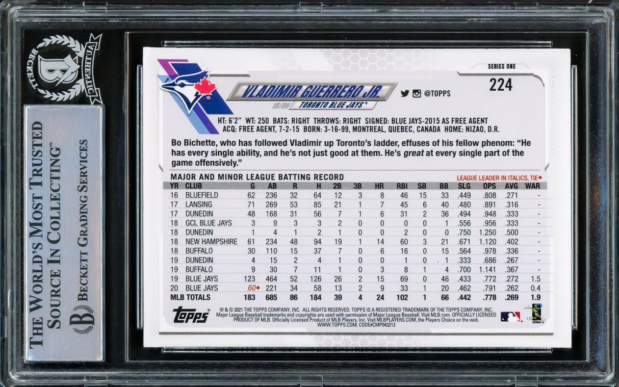 Vladimir Guerrero Jr. Autographed 2021 Topps Card #224 Toronto Blue Jays Beckett BAS Stock #216865