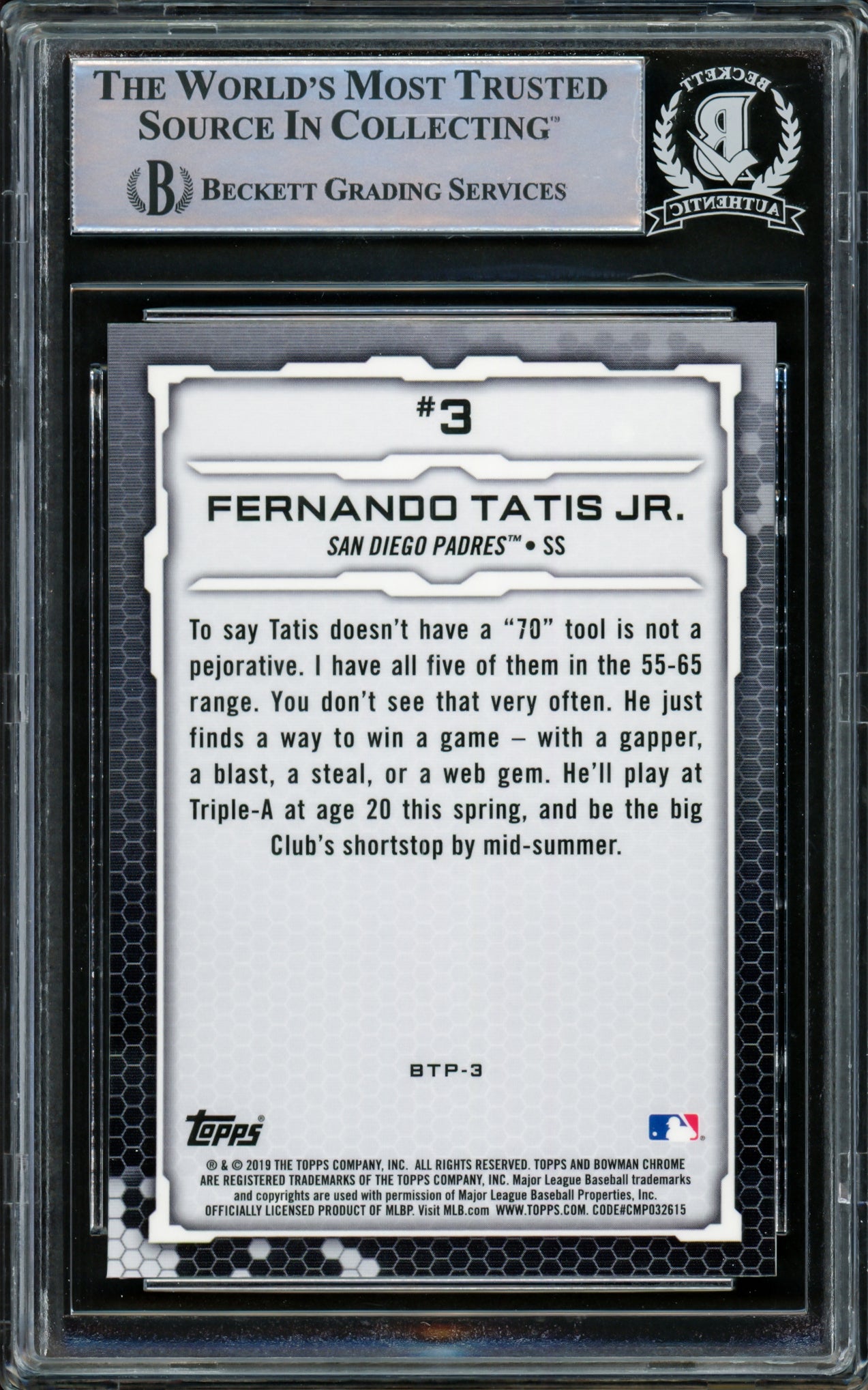 Fernando Tatis Jr. Autographed 2019 Bowman Chrome Scouts Top 100 Card #BTP3 San Diego Padres Beckett BAS Stock #216874