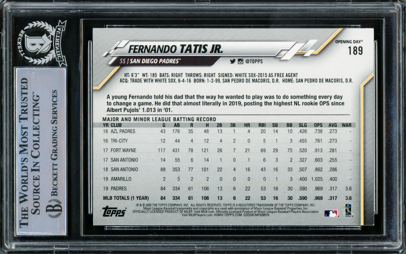 Fernando Tatis Jr. Autographed 2020 Topps Opening Day Card #189 San Diego Padres Beckett BAS Stock #216875