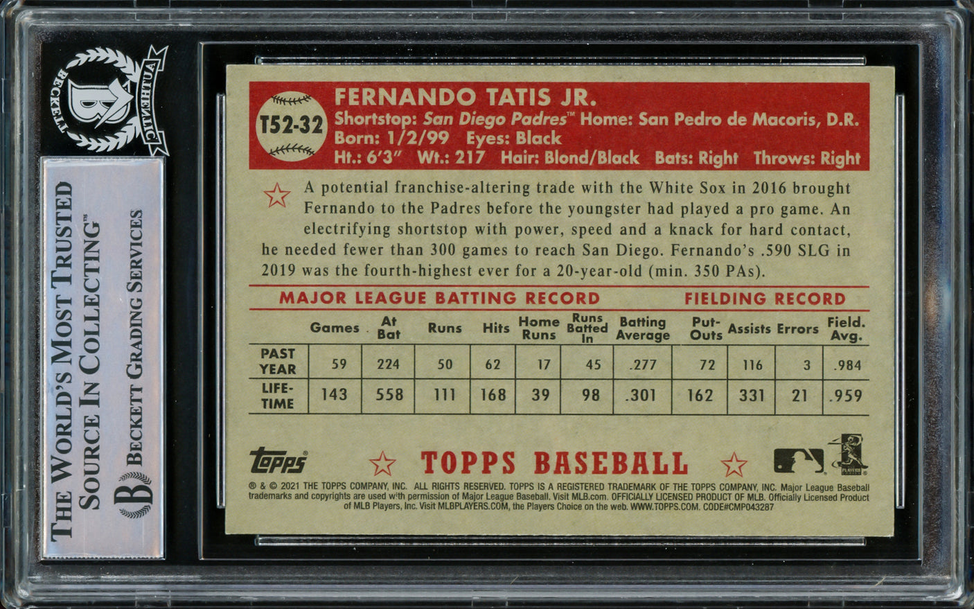 Fernando Tatis Jr. Autographed 2021 Topps 1952 Redux Card #T52-32 San Diego Padres Beckett BAS Stock #216878