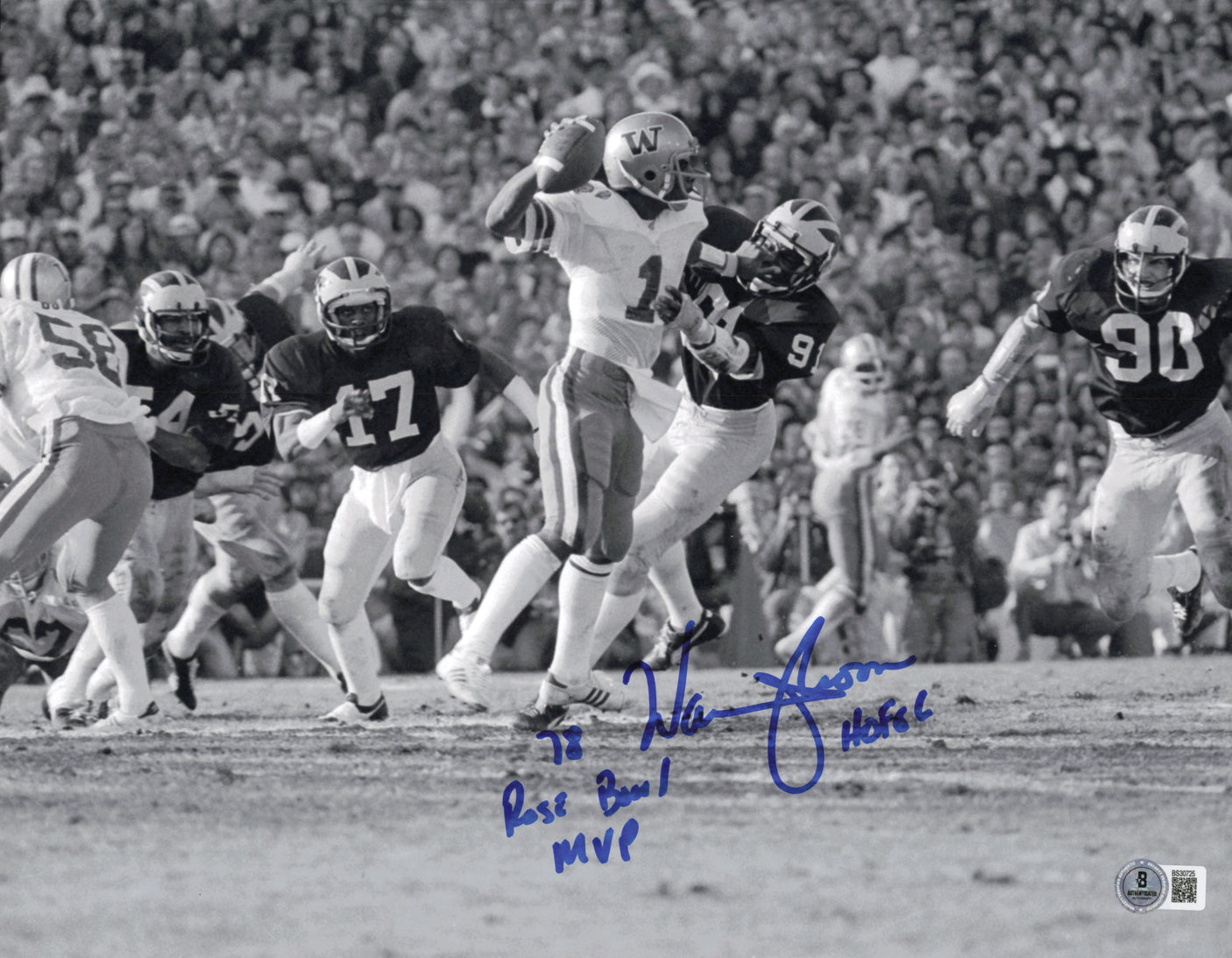 Warren Moon Autographed 11x14 Photo Washington Huskies "Rose Bowl MVP 78" Beckett BAS QR #SB30725