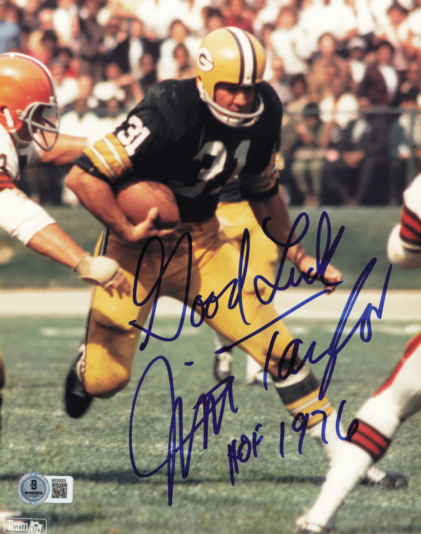 Jim Taylor Autographed 8x10 Photo Green Bay Packers "Good Luck HOF 1976" Beckett BAS QR #BS32003