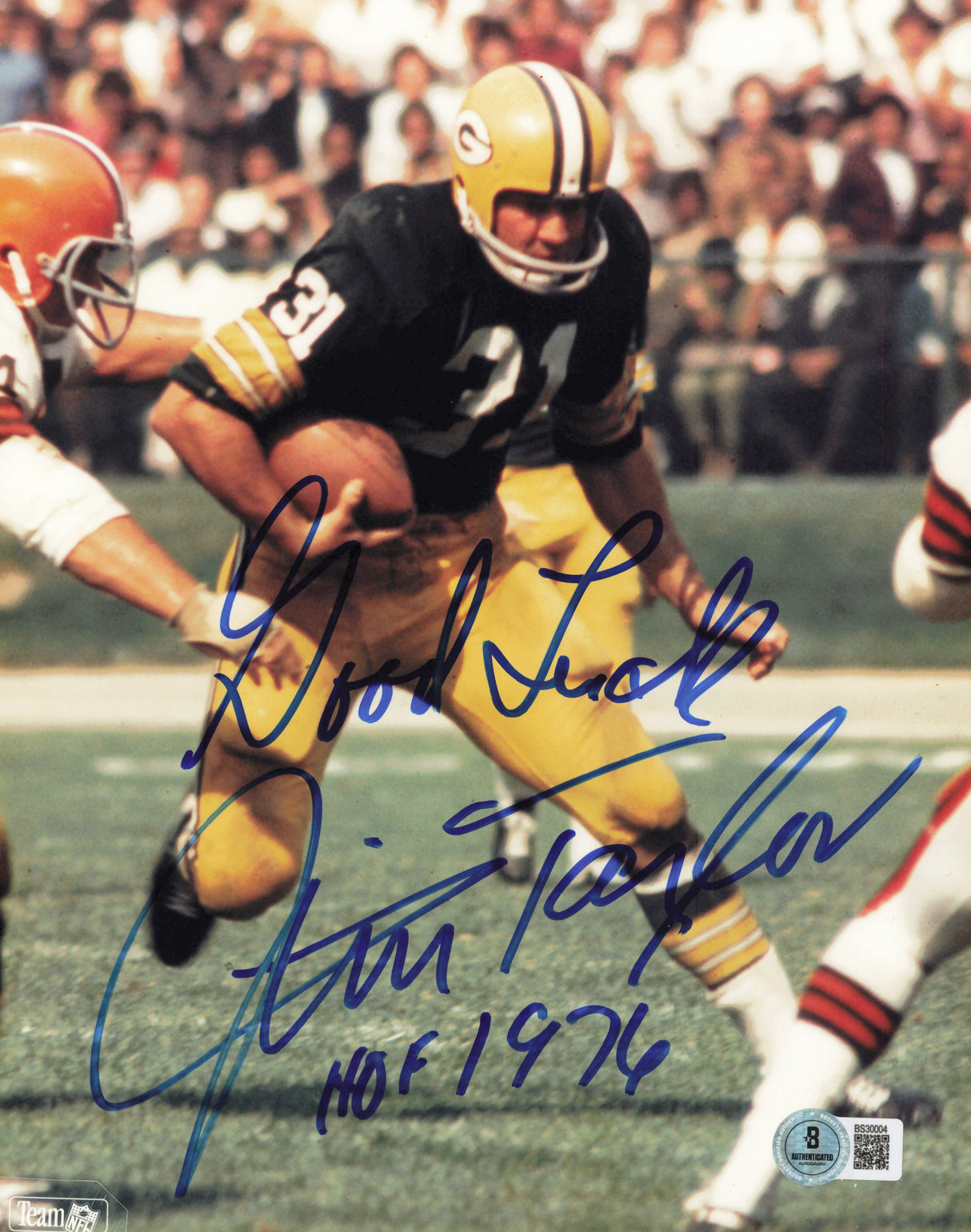 Jim Taylor Autographed 8x10 Photo Green Bay Packers "Good Luck HOF 1976" Beckett BAS QR #BS32004