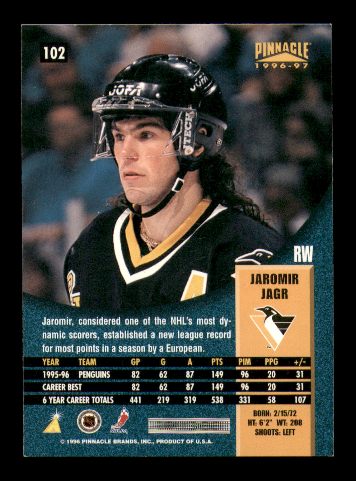 Jaromir Jagr Autographed 1996-97 Pinnacle Card #102 Pittsburgh Penguins SKU #248124
