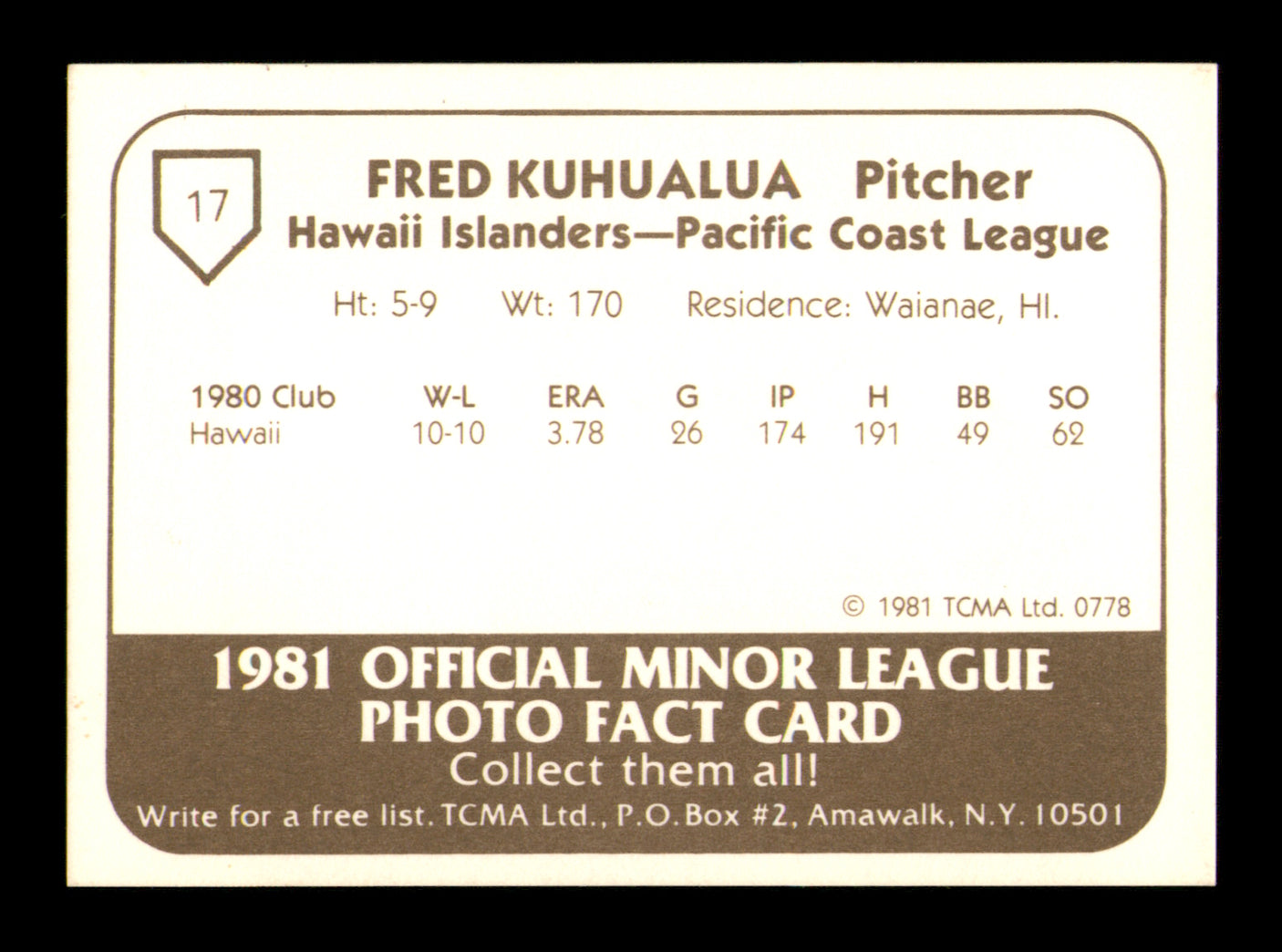 Fred Kuhaulua Autographed 1981 TCMA Rookie Card #17 Hawaii Islanders SKU #248204