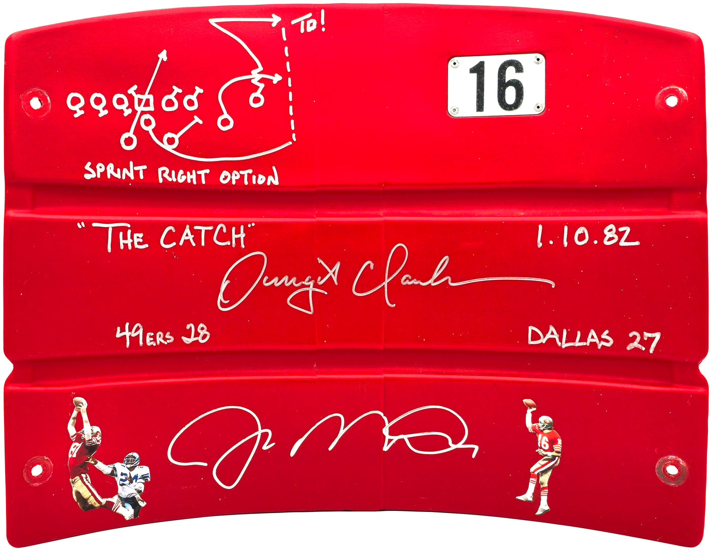 Joe Montana & Dwight Clark Autographed Red Stadium Used Candlestick Park Seatback San Francisco 49ers "The Catch, Sprint Right Option Play Sketch" Beckett BAS QR Stock #231872