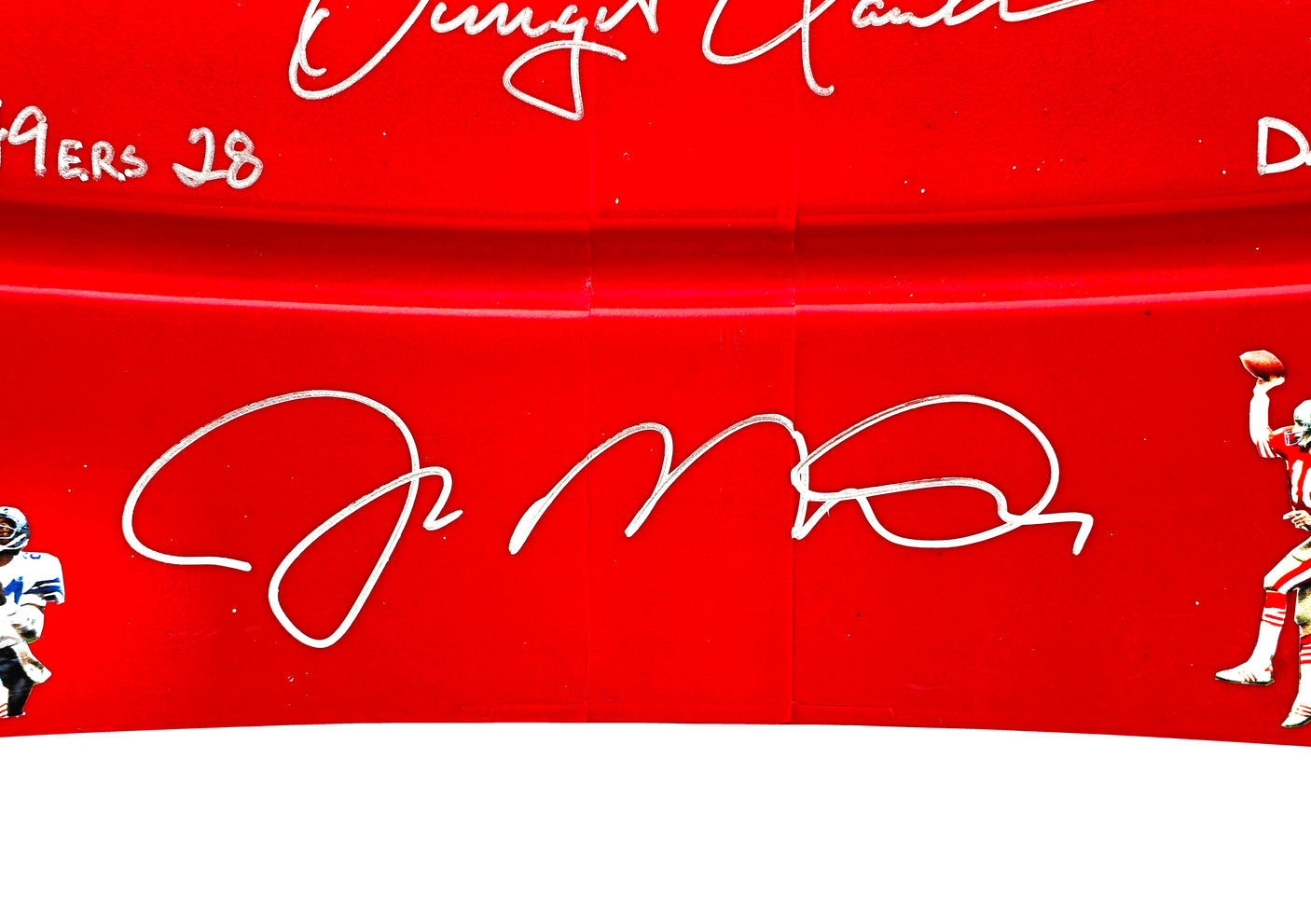 Joe Montana & Dwight Clark Autographed Red Stadium Used Candlestick Park Seatback San Francisco 49ers "The Catch, Sprint Right Option Play Sketch" Beckett BAS QR Stock #231872