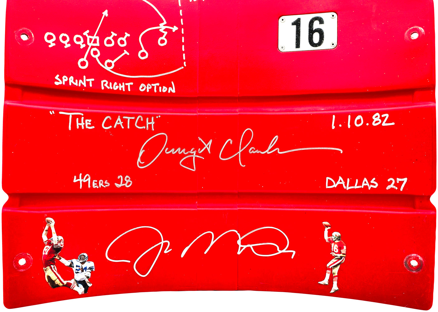 Joe Montana & Dwight Clark Autographed Red Stadium Used Candlestick Park Seatback San Francisco 49ers "The Catch, Sprint Right Option Play Sketch" Beckett BAS QR Stock #231872