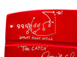Joe Montana & Dwight Clark Autographed Red Stadium Used Candlestick Park Seatback San Francisco 49ers "The Catch, Sprint Right Option Play Sketch" Beckett BAS QR Stock #231872