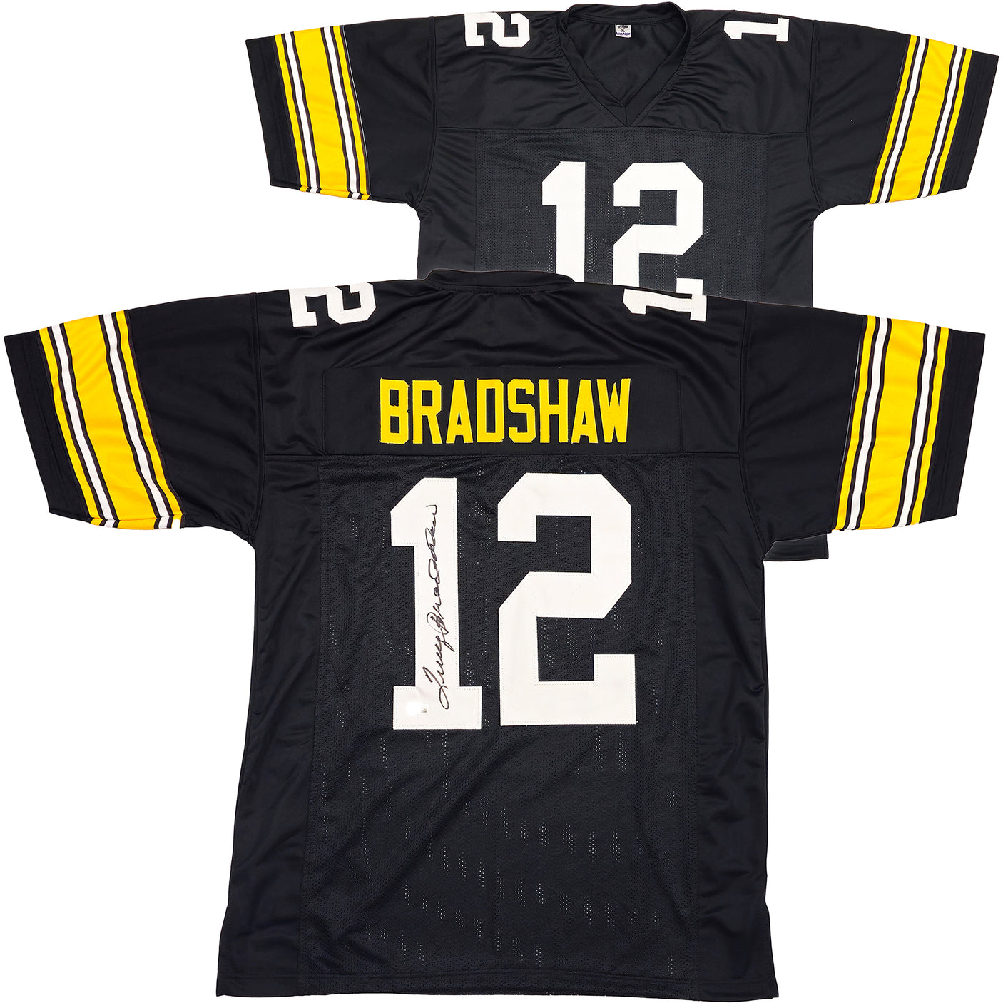 Pittsburgh Steelers Terry Bradshaw Autographed Black Jersey Beckett BAS Witness Stock #230649
