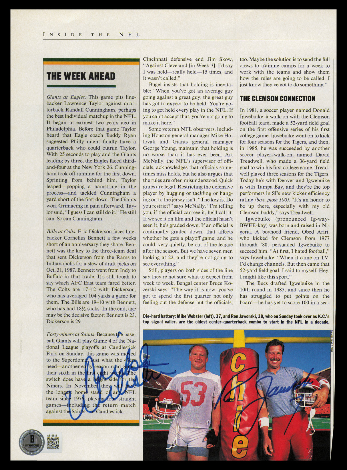 Mike Webster & Ron Jaworski Autographed 8x10 Magazine Page Photo Kansas City Chiefs Beckett BAS #AE16548