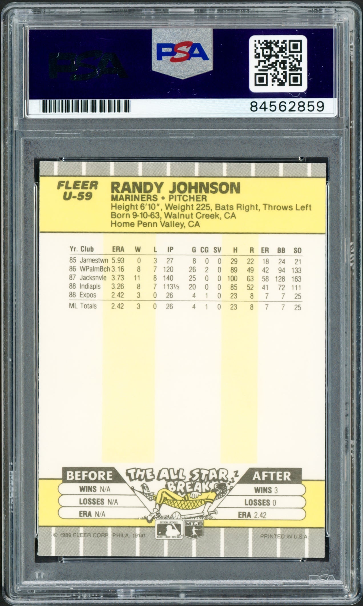 Randy Johnson Autographed 1989 Fleer Update Rookie Card #U-59 Seattle Mariners Auto Grade Gem Mint 10 PSA/DNA #84562859