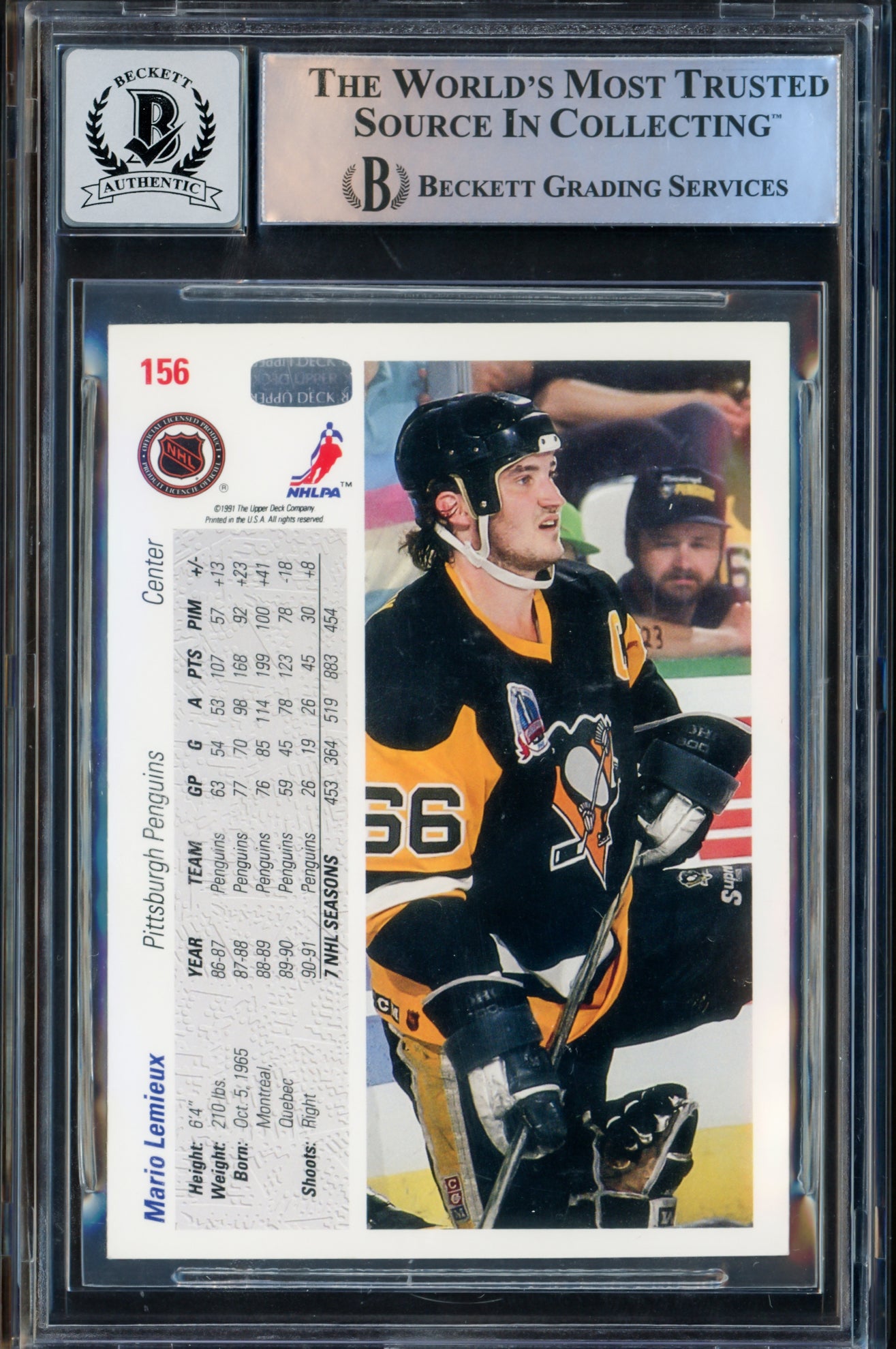 Mario Lemieux Autographed 1991-92 Upper Deck Card #156 Pittsburgh Penguins Auto Grade Gem Mint 10 Beckett BAS #15496610