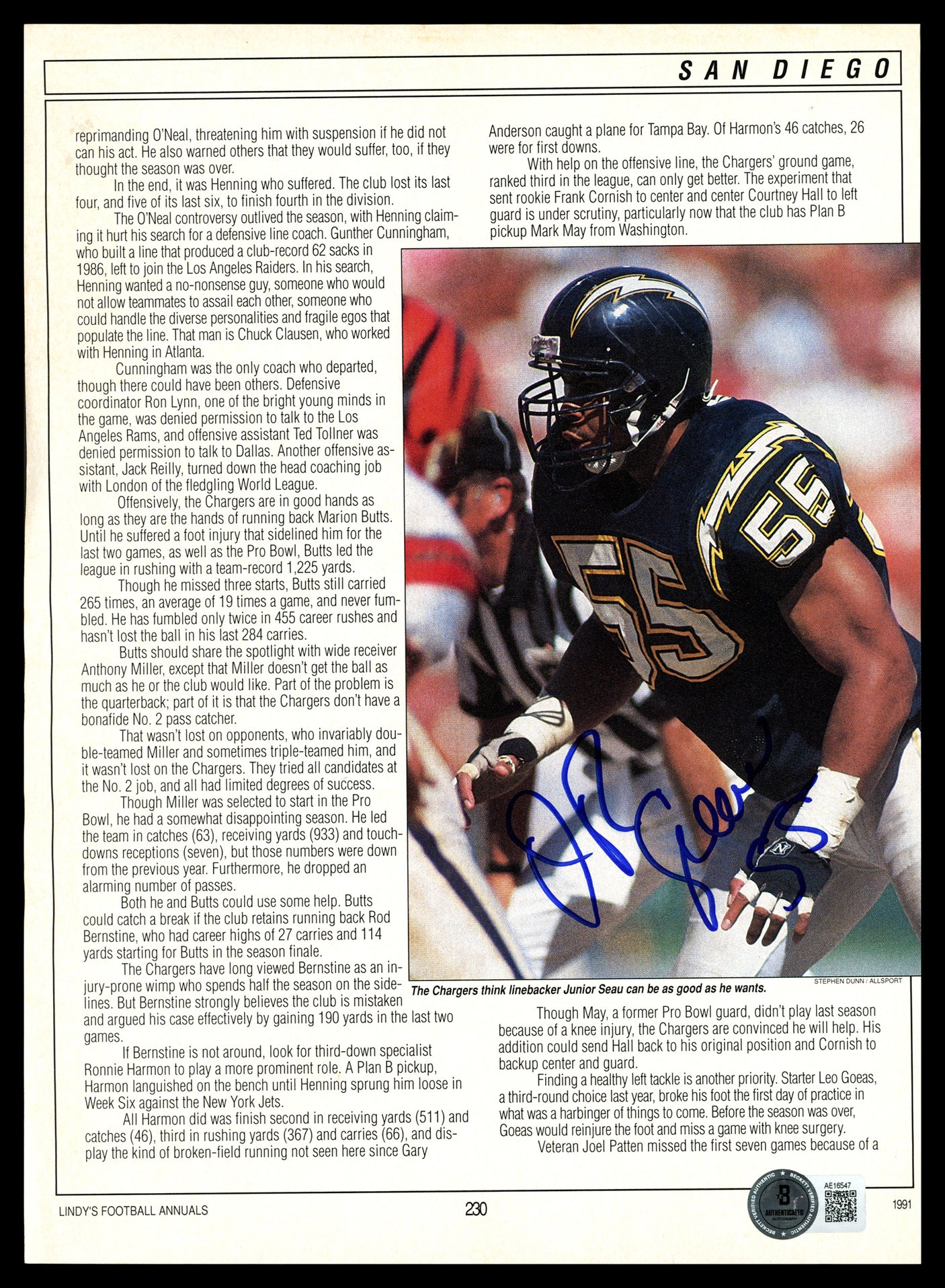 Junior Seau Autographed Magazine Page San Diego Chargers Beckett BAS #AE16547