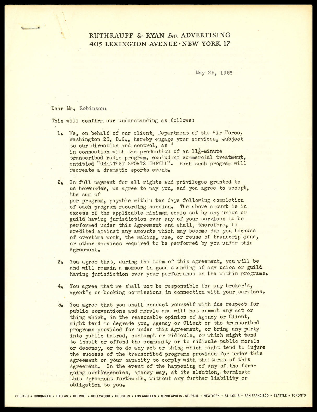 Jackie Robinson Autographed 1956 Greatest Sports Thrill Contract Brooklyn Dodgers Beckett BAS #AE16478