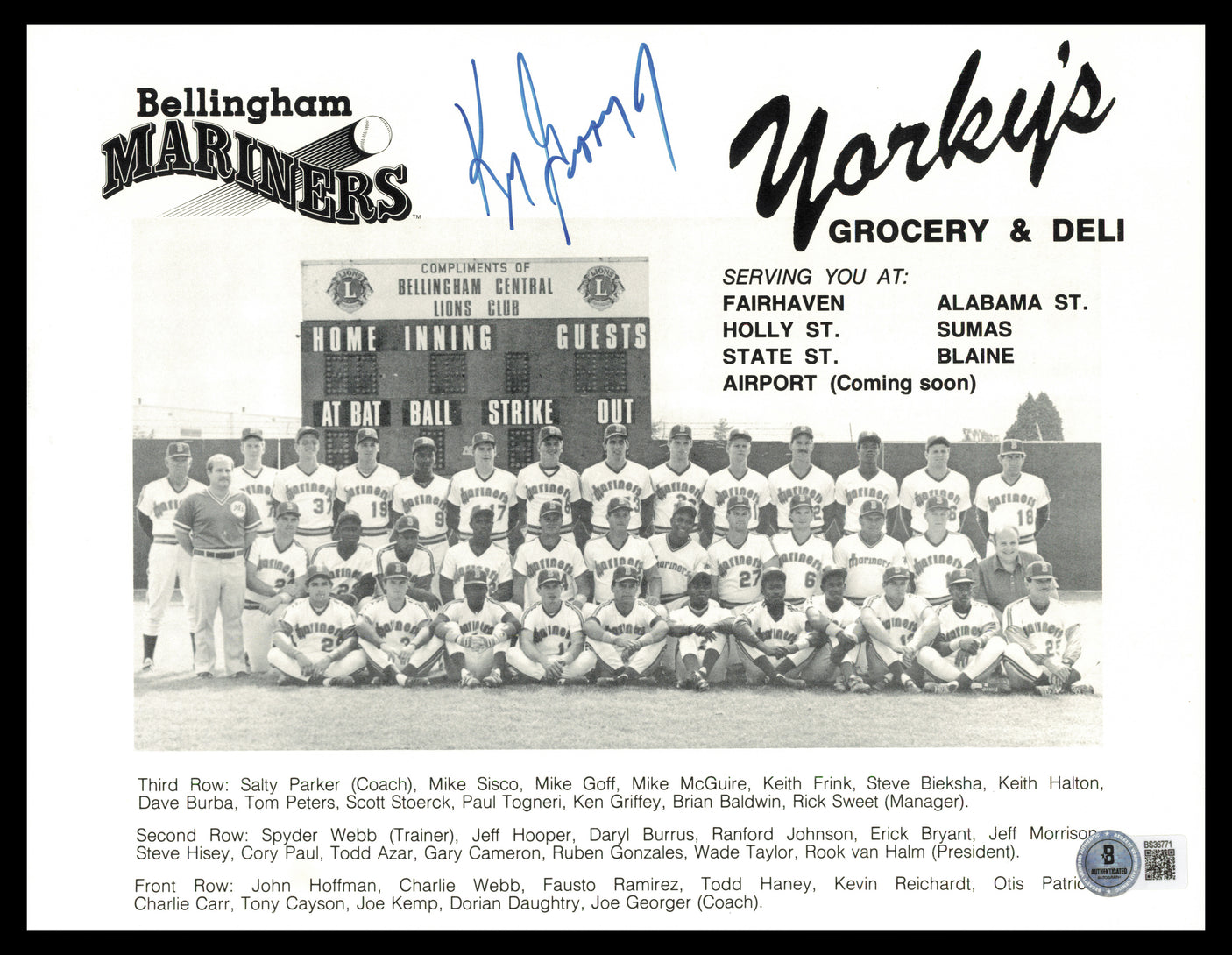 Ken Griffey Jr. Autographed 8.5x11 Team Photo Bellingham Mariners Vintage Rookie Signature Beckett BAS QR #BS36771