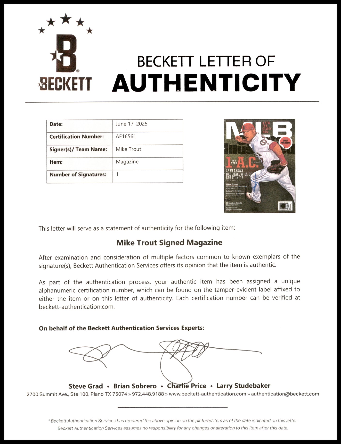 Mike Trout Autographed Sports Illustrated California Angels Beckett BAS #AE16561