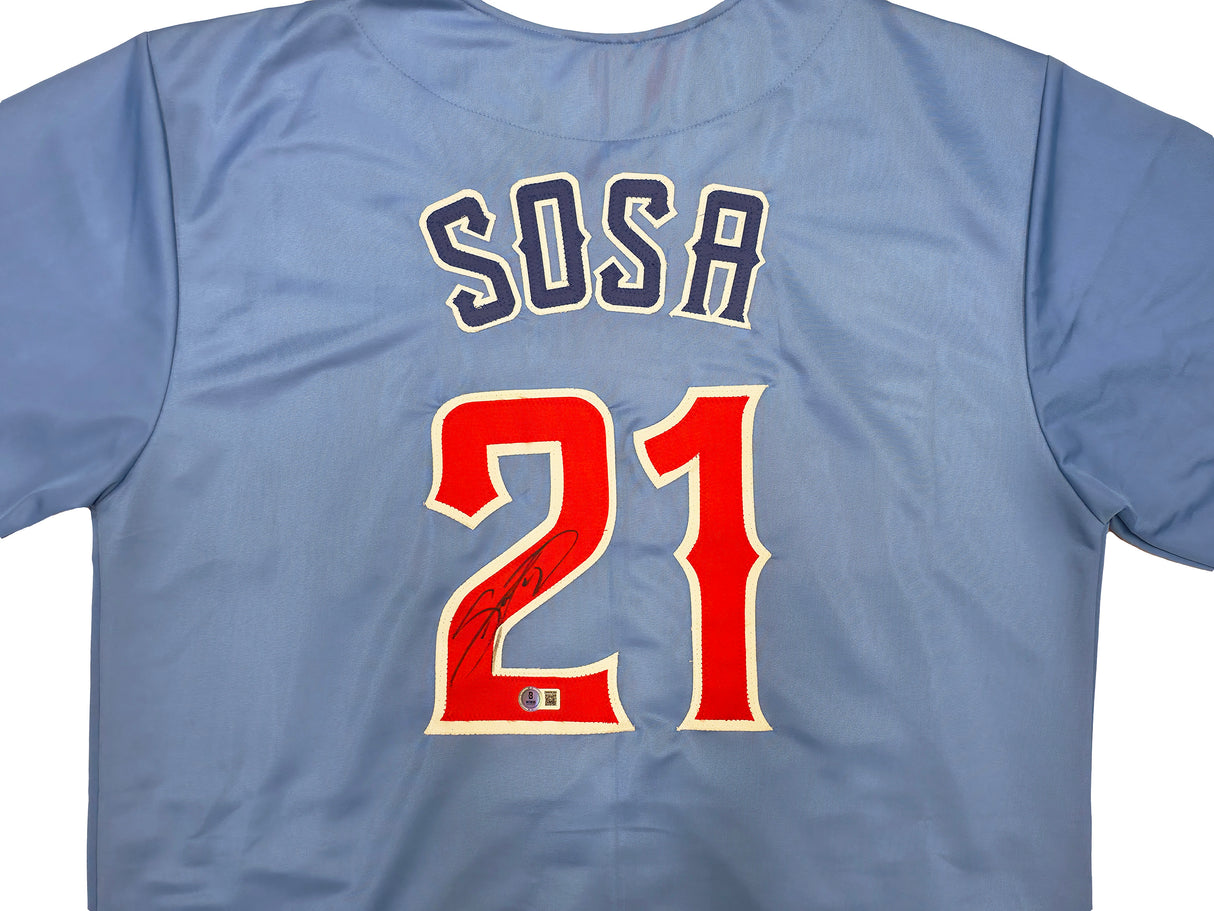 Chicago Cubs Sammy Sosa Autographed Blue Jersey Beckett BAS Witness Stock #245742