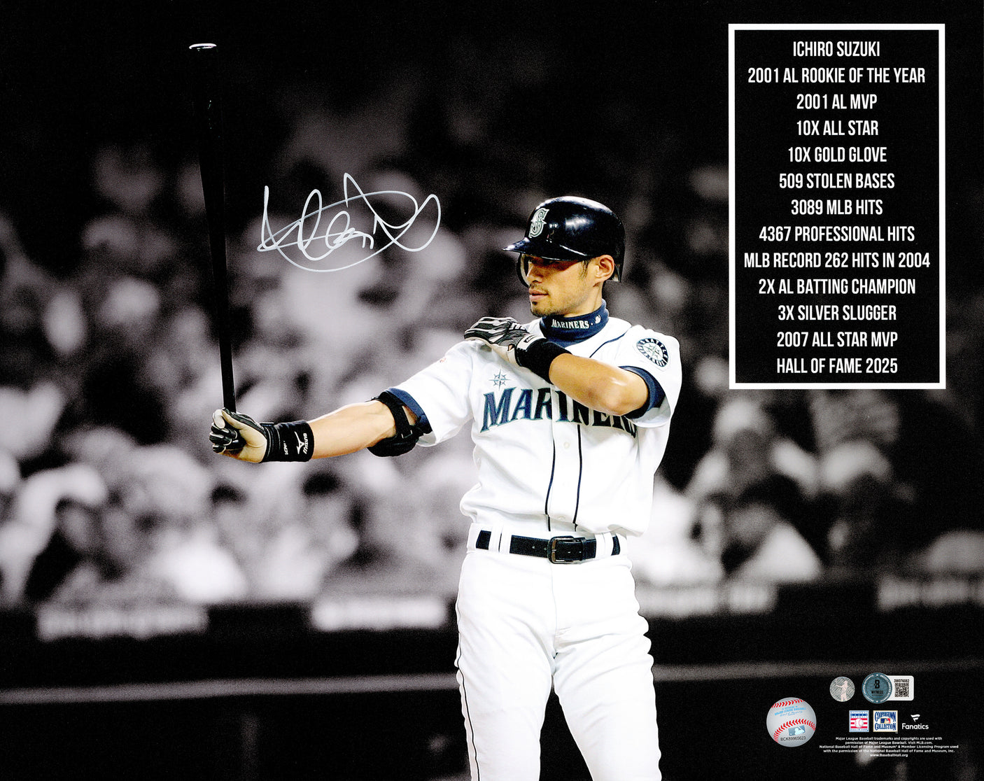 Ichiro Suzuki Autographed 16x20 Photo Seattle Mariners Stats IS Holo & Beckett BAS Witness Stock #246191