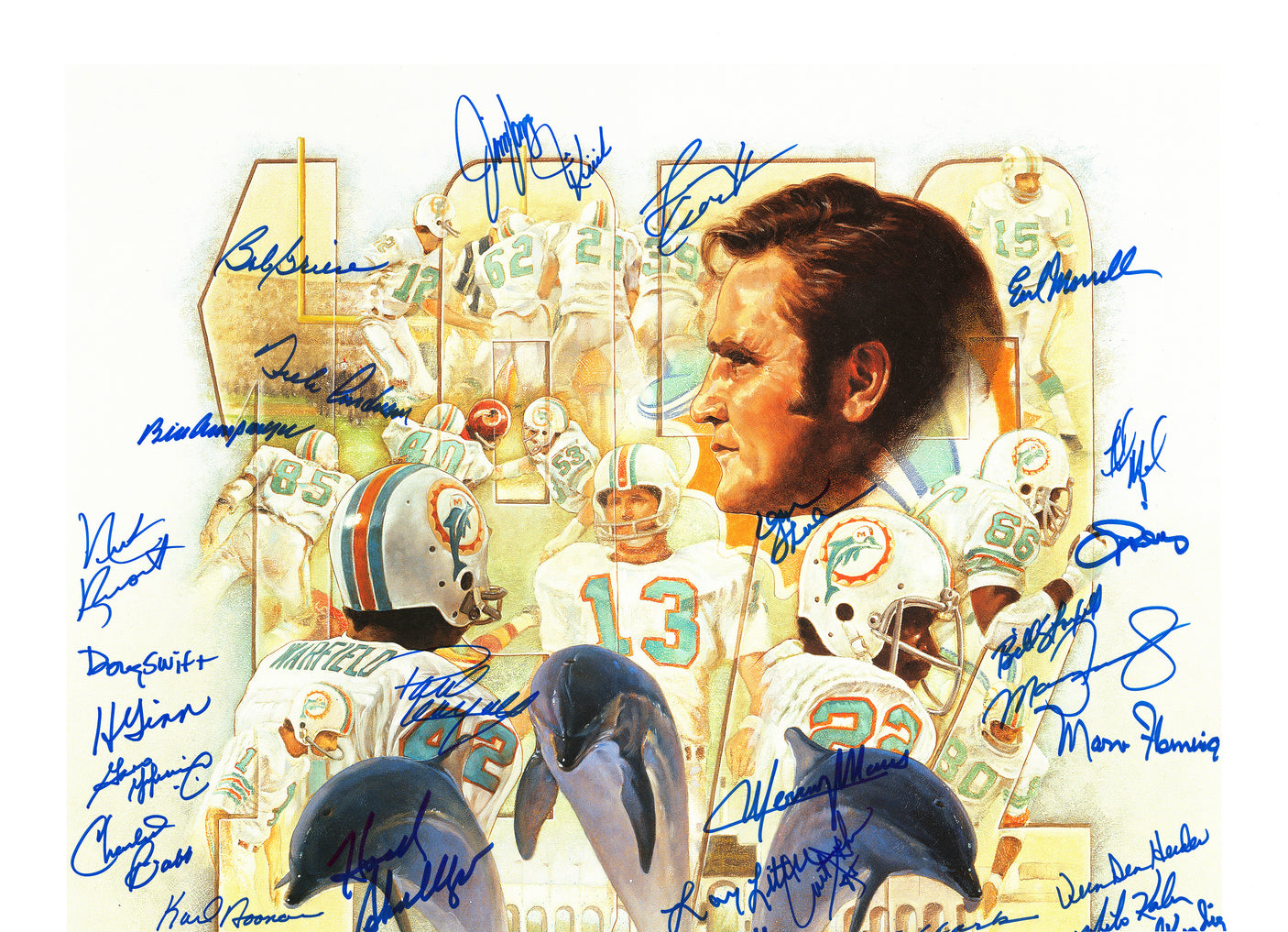 1972 Miami Dolphins Perfect Season Team Autographed 24x24 Lithograph Photo With 40+ Signatures Including Don Shula & Bob Griese #/217 Fanatics Holo Stock #246182