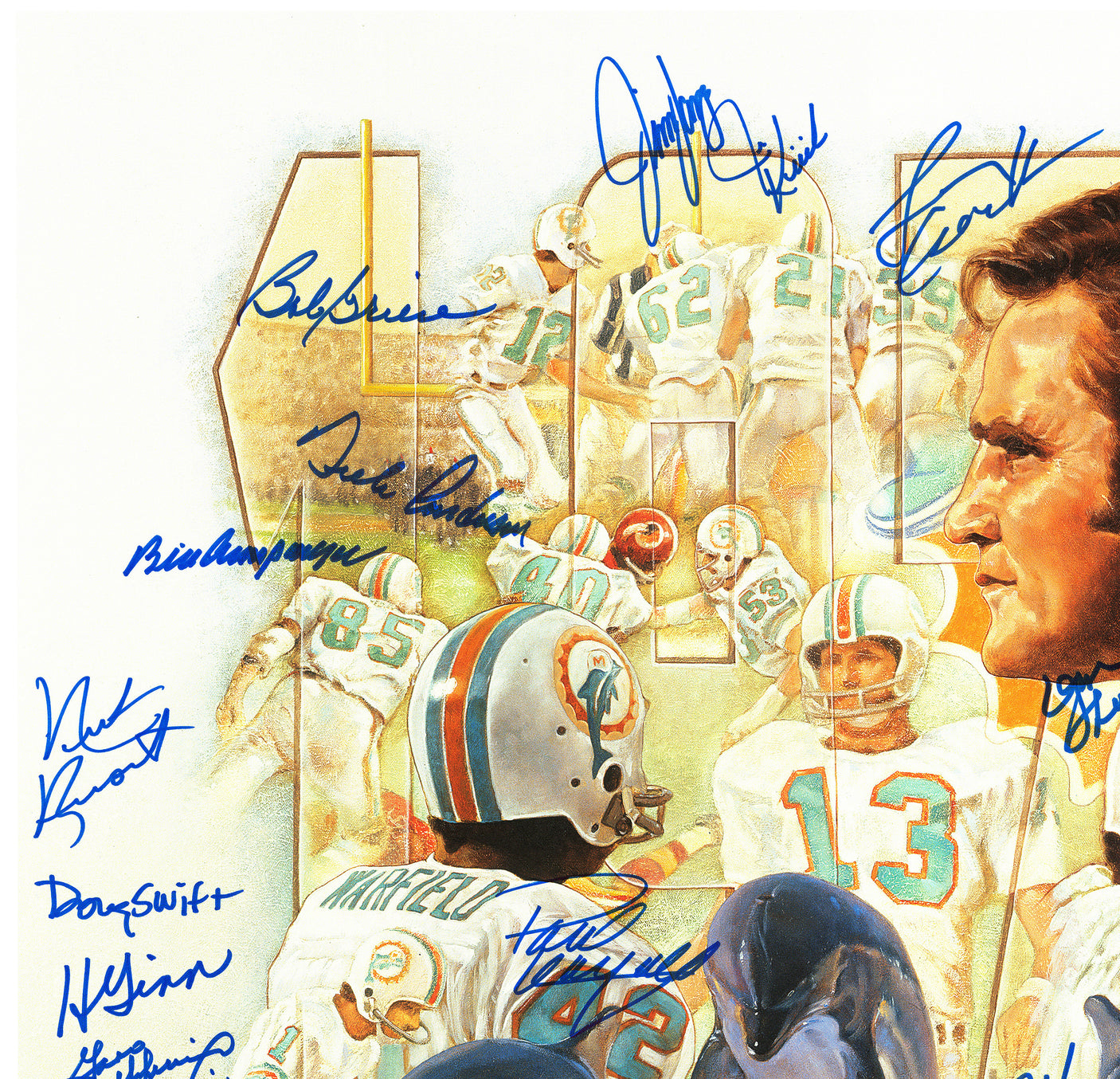 1972 Miami Dolphins Perfect Season Team Autographed 24x24 Lithograph Photo With 40+ Signatures Including Don Shula & Bob Griese #/217 Fanatics Holo Stock #246182