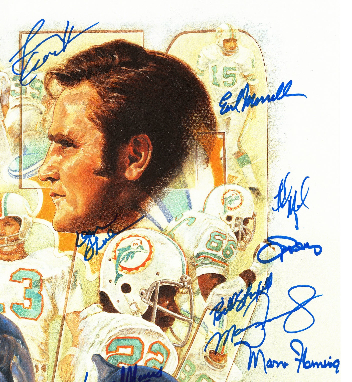1972 Miami Dolphins Perfect Season Team Autographed 24x24 Lithograph Photo With 40+ Signatures Including Don Shula & Bob Griese #/217 Fanatics Holo Stock #246182