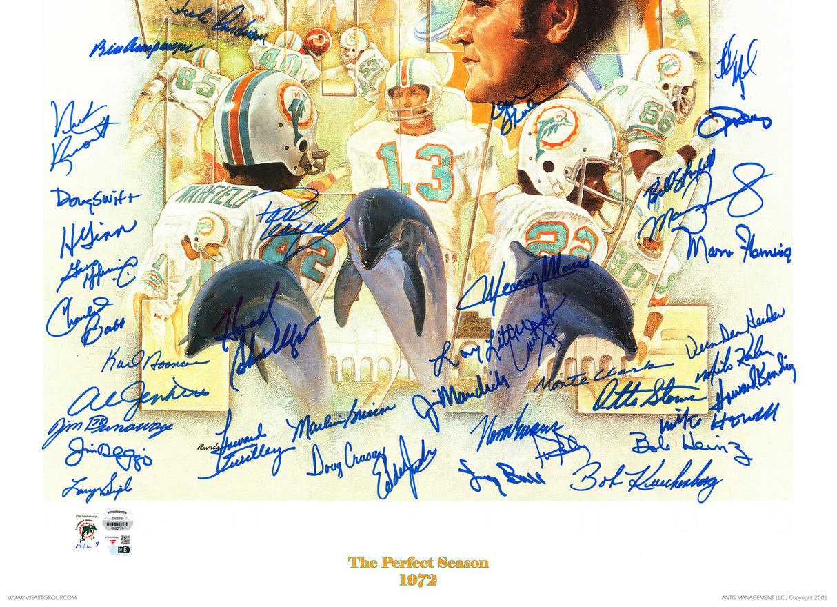 1972 Miami Dolphins Perfect Season Team Autographed 24x24 Lithograph Photo With 40+ Signatures Including Don Shula & Bob Griese #/217 Fanatics Holo Stock #246182
