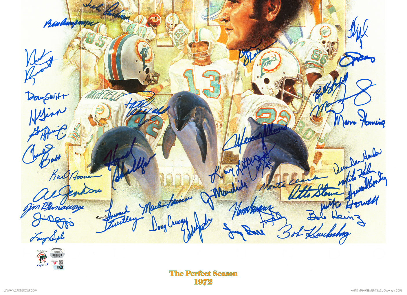 1972 Miami Dolphins Perfect Season Team Autographed 24x24 Lithograph Photo With 40+ Signatures Including Don Shula & Bob Griese #/217 Fanatics Holo Stock #246182