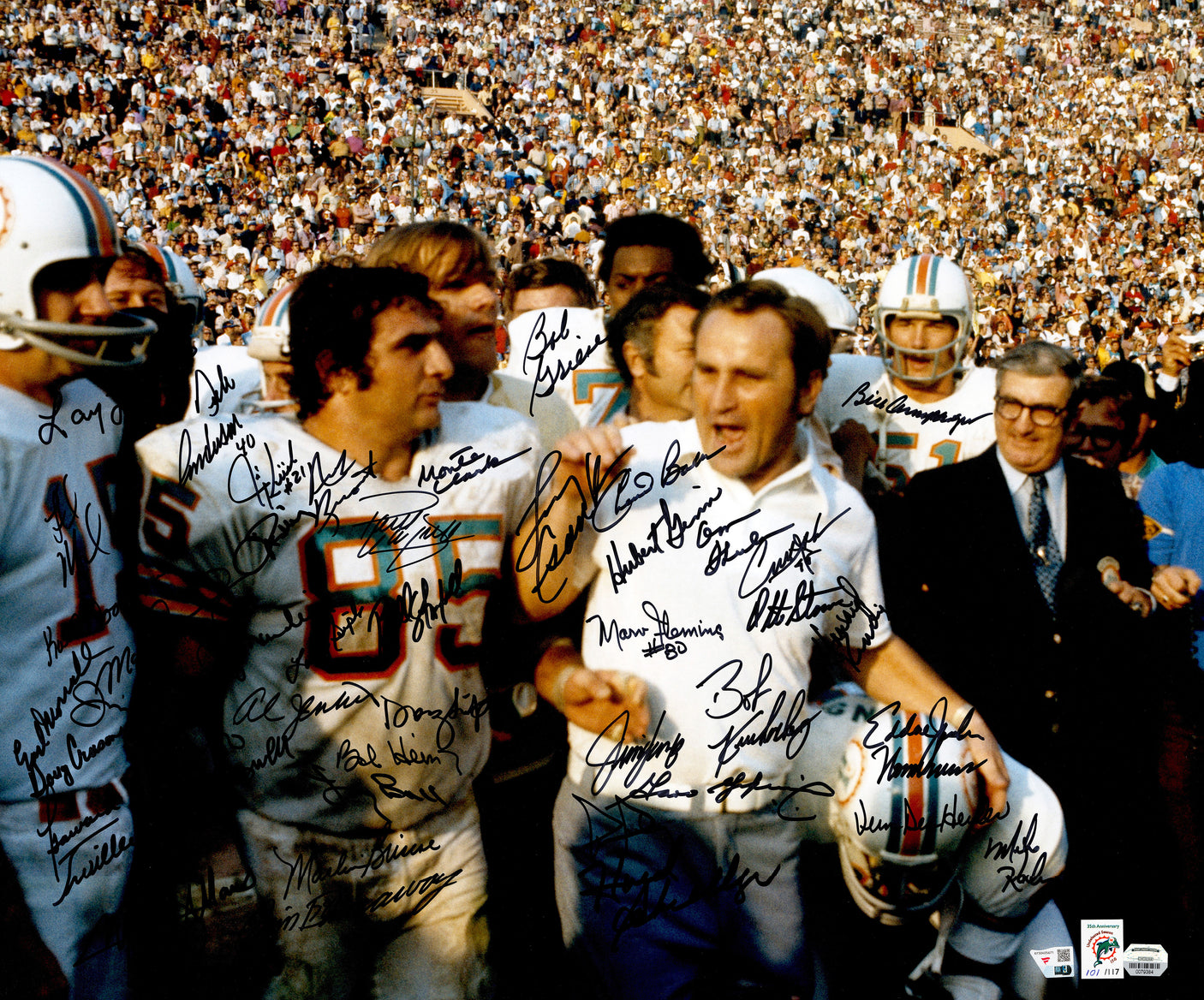 1972 Miami Dolphins Perfect Season Team Autographed 20x24 Photo With 40+ Signatures Including Don Shula & Bob Griese #/117 Fanatics Holo Stock #246184