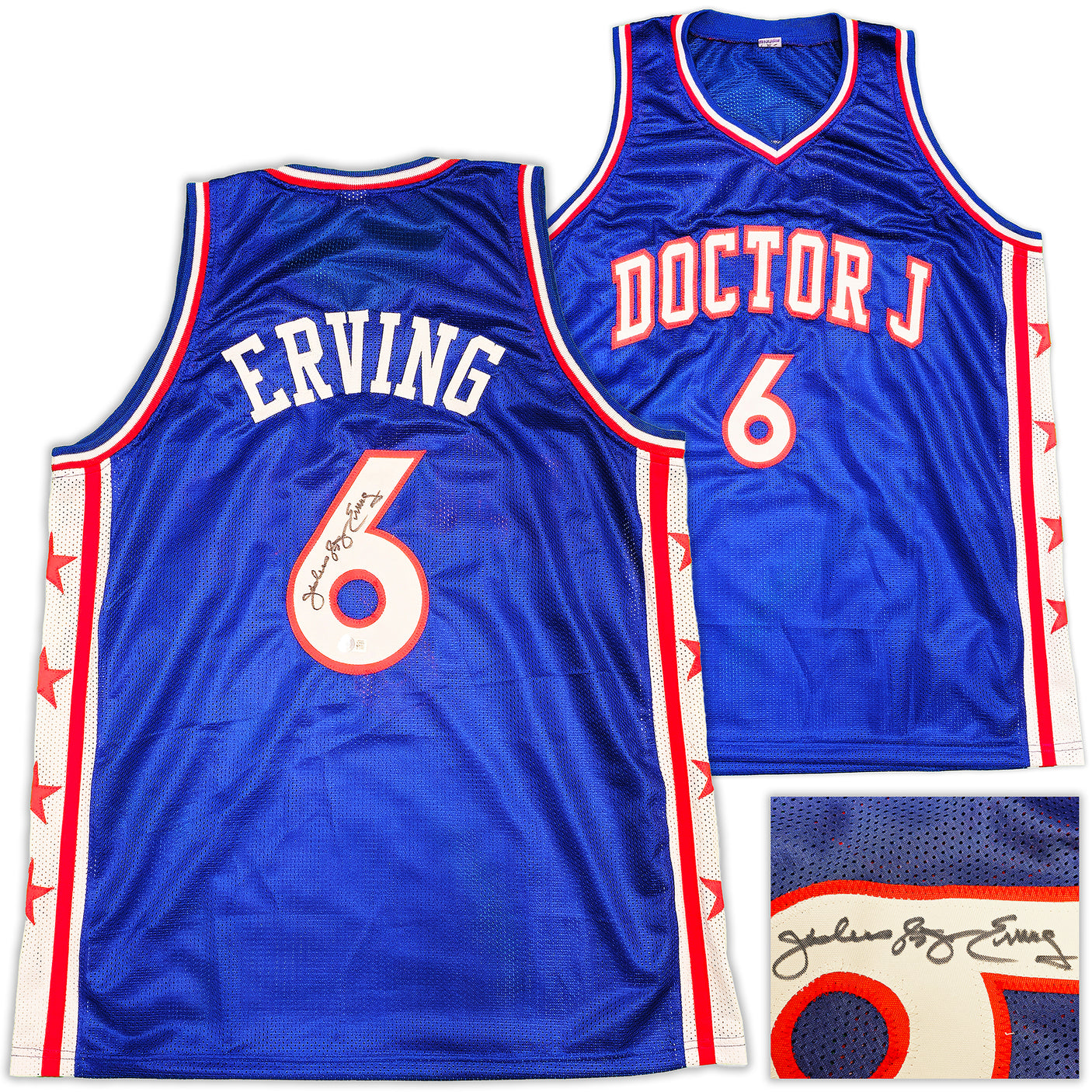 Philadelphia 76ers Julius "Dr. J" Erving Autographed Blue Jersey Beckett BAS Witness Stock #232613