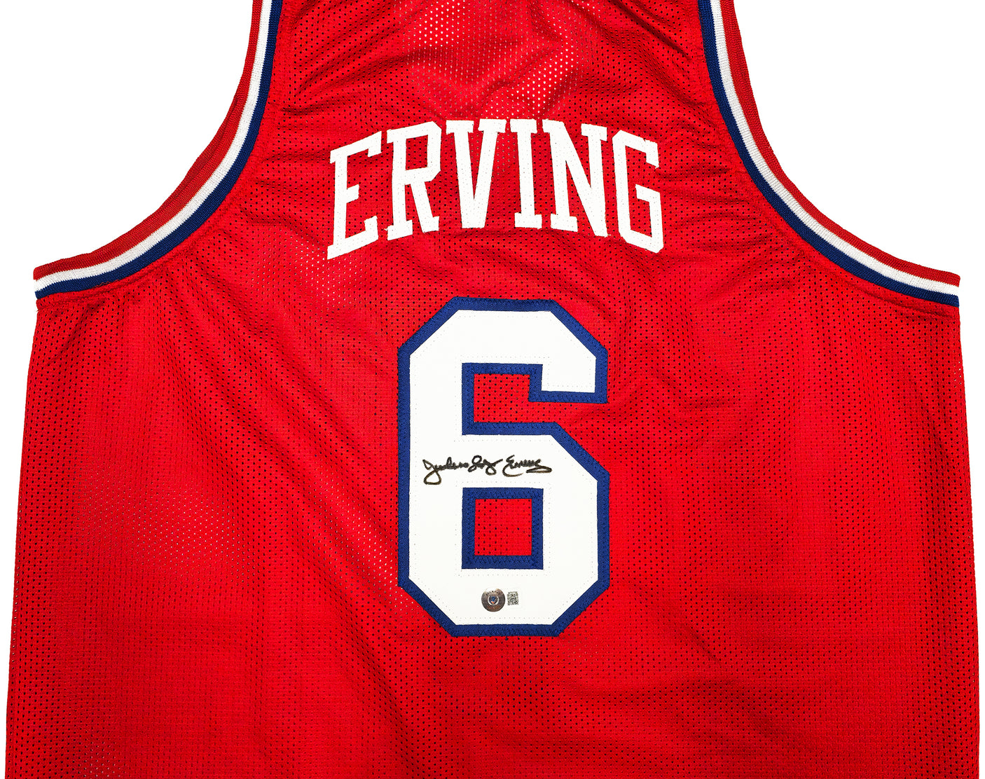 Philadelphia 76ers Julius "Dr. J" Erving Autographed Red Jersey Beckett BAS Witness Stock #232614