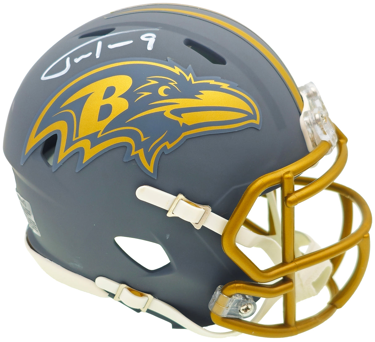 Justin Tucker Autographed Baltimore Ravens Slate Gray Speed Mini Helmet JSA Stock #232735