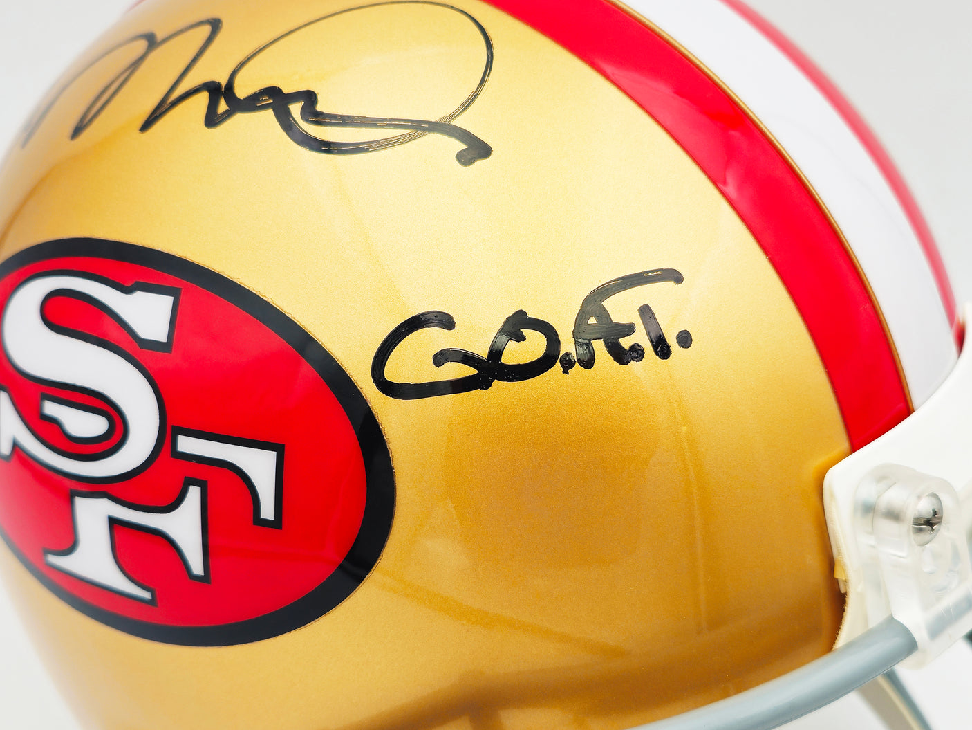 Joe Montana Autographed San Francisco 49ers Gold Full Size Speed Authentic Helmet "G.O.A.T." Beckett BAS QR Stock #232731