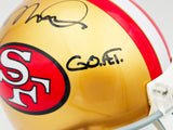 Joe Montana Autographed San Francisco 49ers Gold Full Size Speed Authentic Helmet "G.O.A.T." Beckett BAS QR Stock #232731